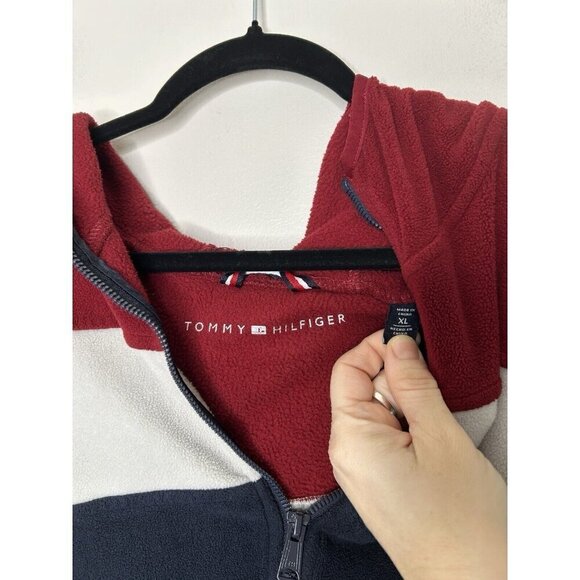 Tommy Hilfiger Men's Full Zip Blue Red Vintage Fleece Hoodie Size XL - Picture 2 of 7